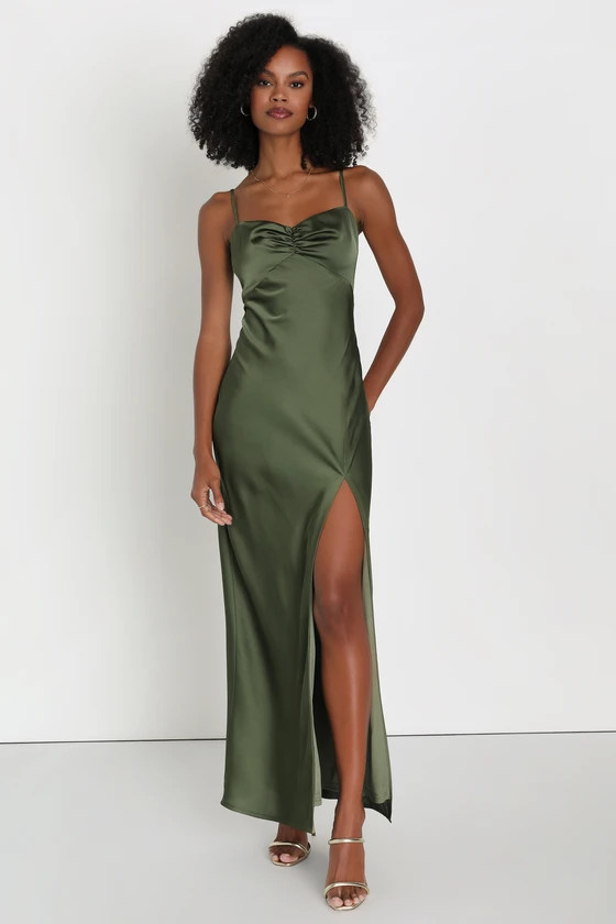 Serene Beauty Olive Green Satin Maxi Dress Green Slip Dress Outfit Green Satin Dress Long Dresses | Lulus