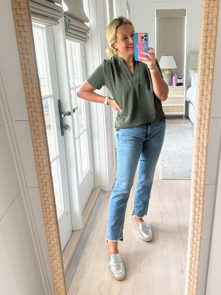 The perfect olive green top for fall. Wearing a size small. Jeans are a size 4. Code FANCY15 for 15% off  

#LTKFind #LTKstyletip #LTKunder100