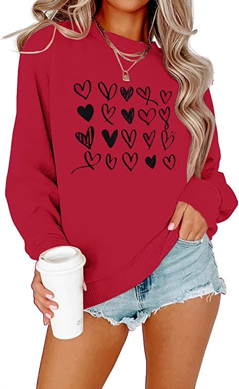 MODNTOGA Women's Crewneck Sweatshirt Oversized Pullover Tops Cute Heart Graphic Valentine's Day L... | Amazon (US)