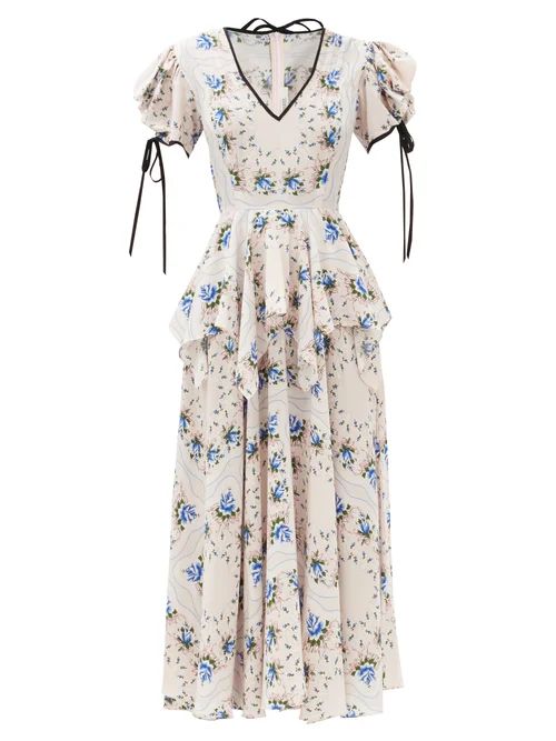 Rodarte - Puff-sleeve Floral-print Silk-blend Crepe Dress - Womens - Blue White | Matches (UK)