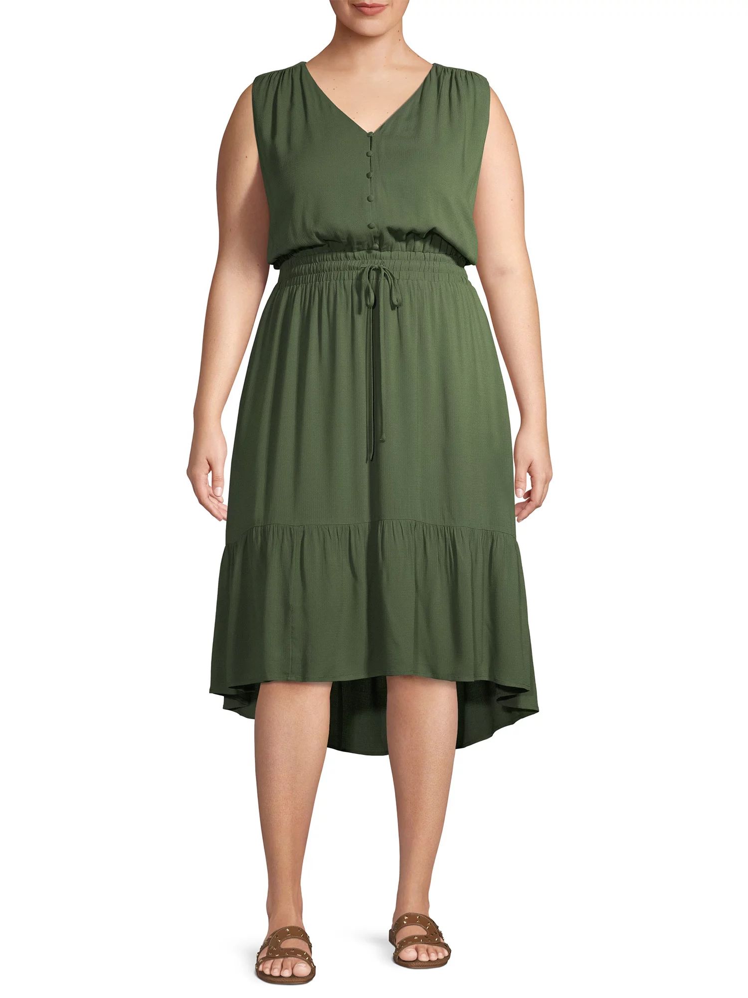 Terra & Sky Women's Plus Size Button Front Tie Waist Dress | Walmart (US)