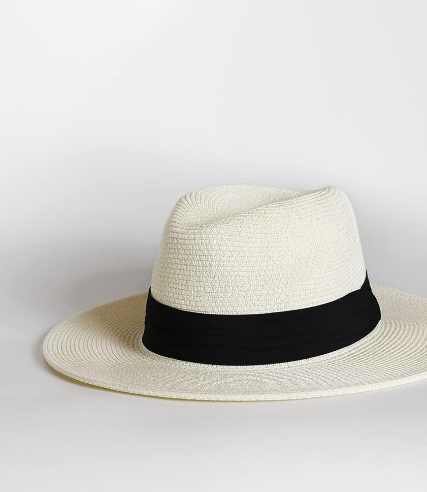 Womens Mens Wide Brim Straw Panama Hat Fedora Summer Beach Sun Hat UPF Straw Hat for Women | Amazon (US)