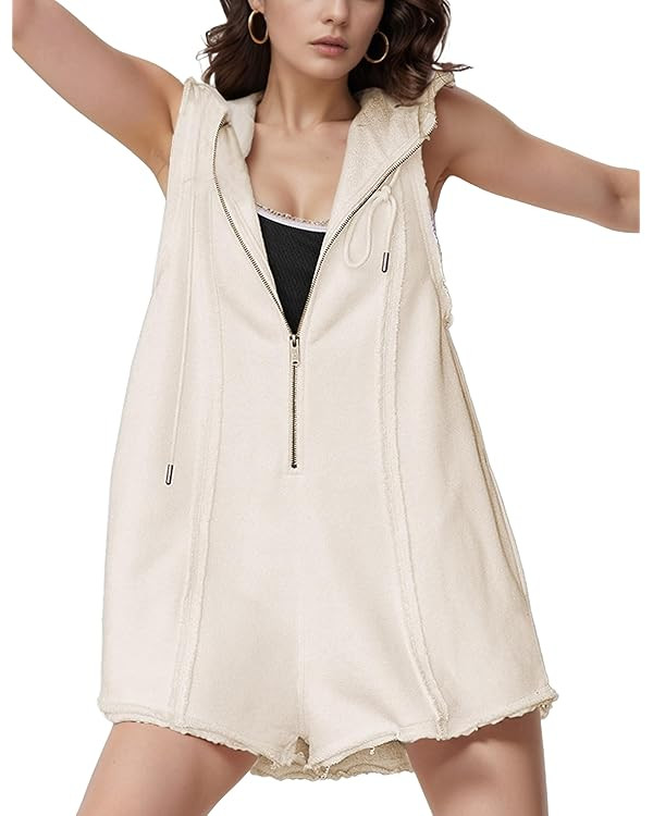 Rompers for Women Athletic Workout Hooded Romper Casual Zip-Front Neck Jumpsuits Overalls with Po... | Amazon (US)