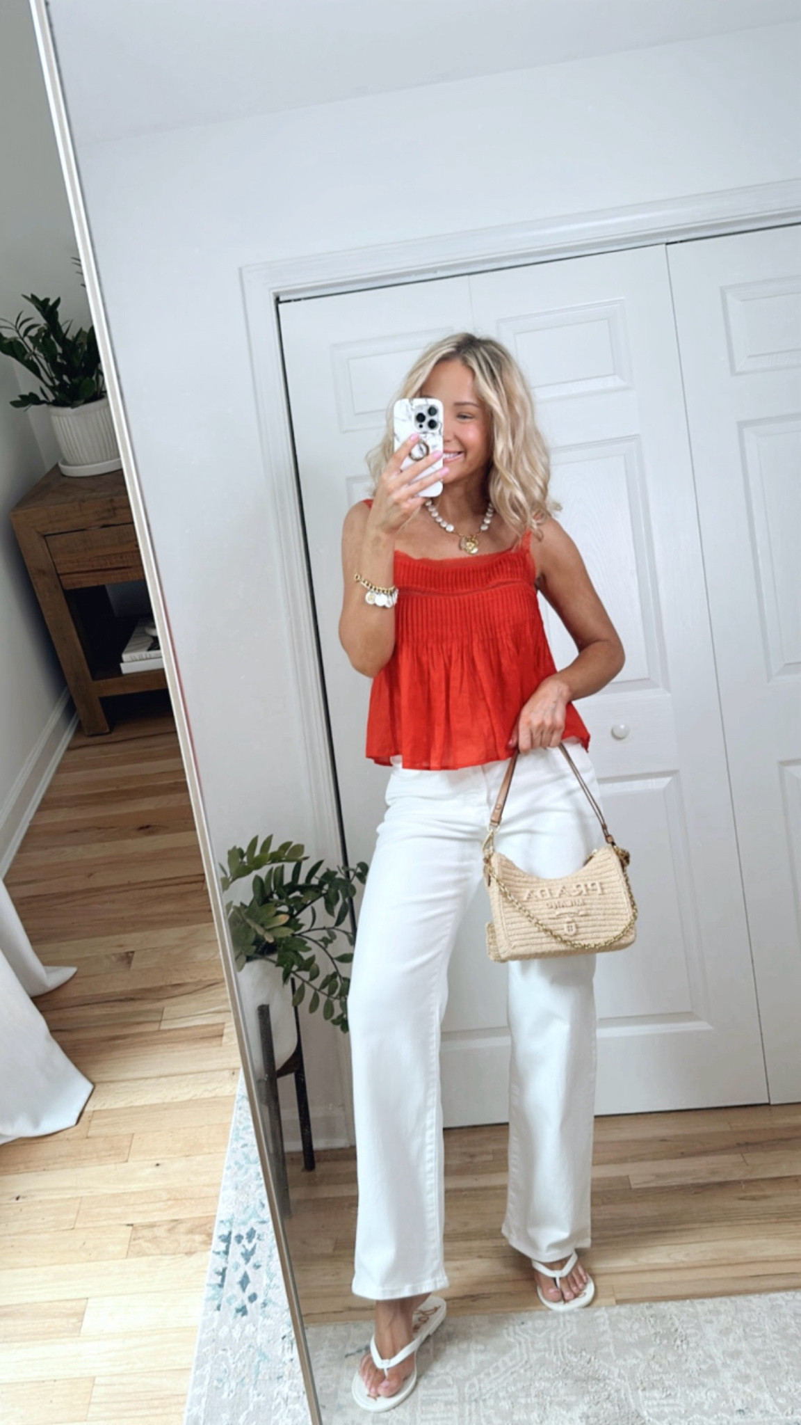 Fourth of July outfit
Red top
White jeans 
