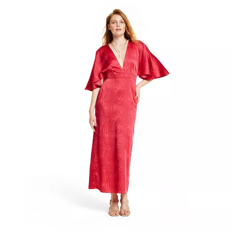 Women's Palm Leaf Contrast Print Exaggerated Flutter Sleeve Maxi Dress - Fe Noel x Target Fuchsia | Target