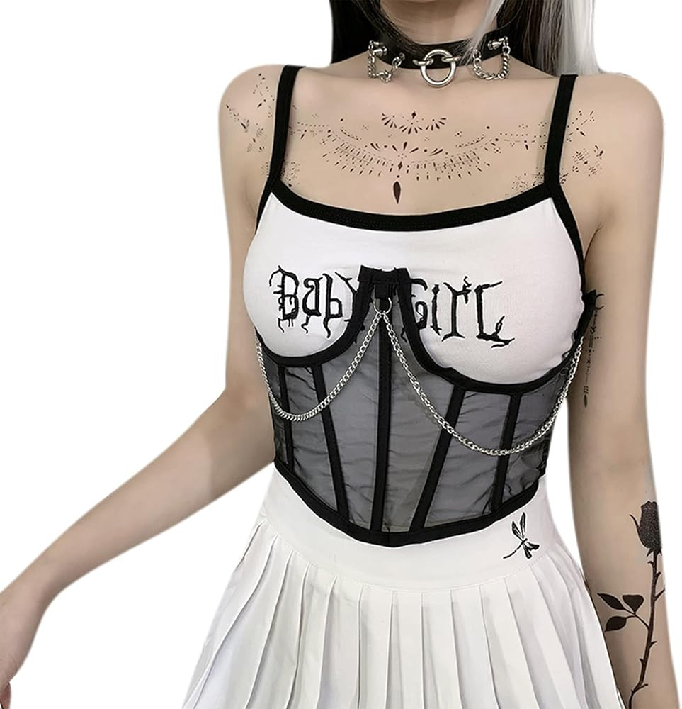 JUMISEE Women See Through Mesh Lace Up Bustier Corset Metal Chain Boned Overbust Waist Cincher Wi... | Amazon (US)