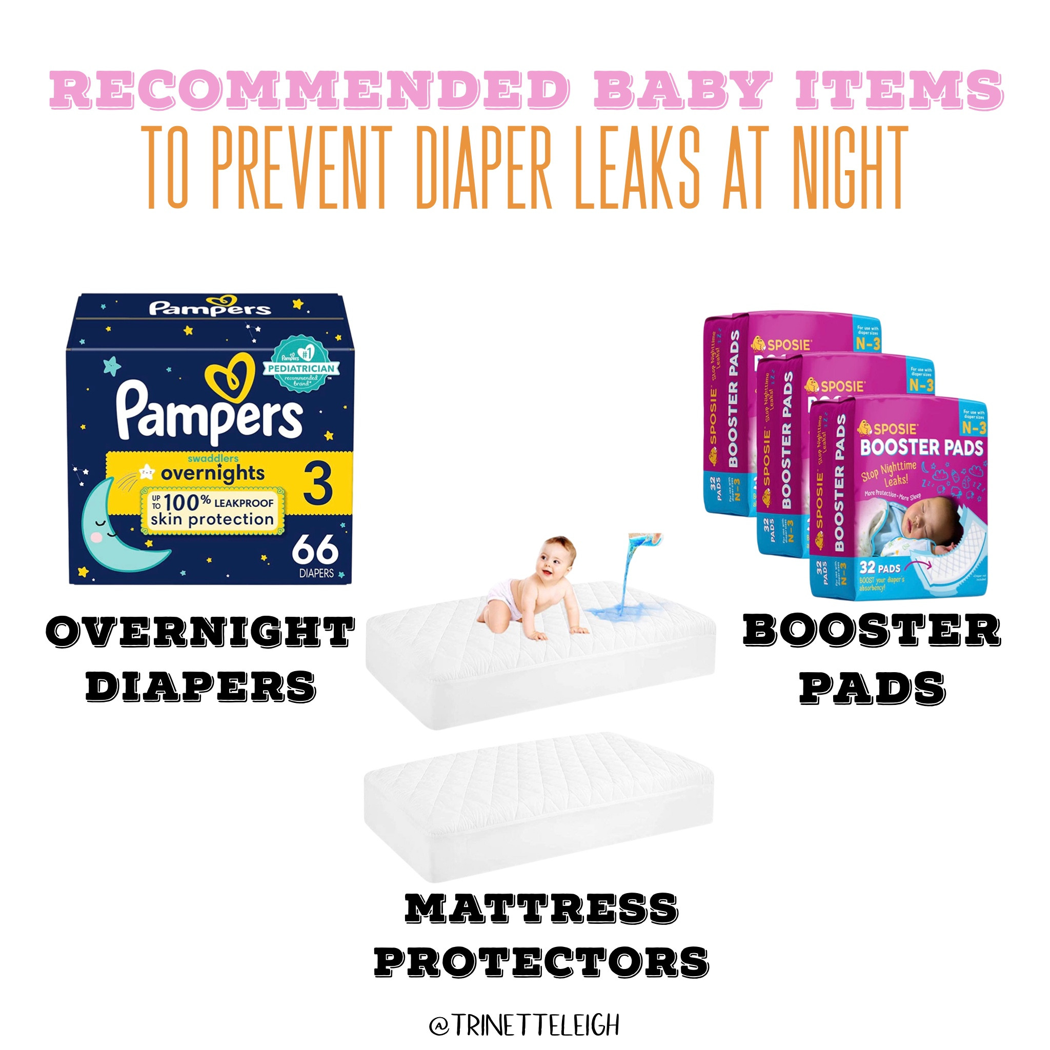 Recommended baby items to prevent diaper leaks at night. Overnight diapers. Booster pads. Mattress protector. Must haves for baby registry. #amazon

#LTKbump #LTKbaby #LTKGiftGuide