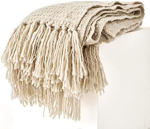 Thick Chunky Beige Knitted Throw Blanket for Couch Chair Sofa Bed, Chic Boho Style Textured Basket W | Amazon (US)