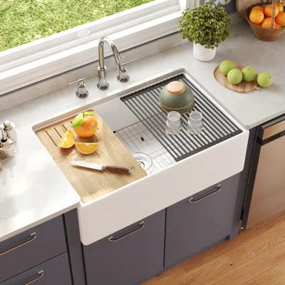 33"L x 20"W Farmhouse Kitchen Sink Deep Single Bowl Fireclay Workstation Sink with Cutting Board and Dish Drying Rack | Wayfair North America