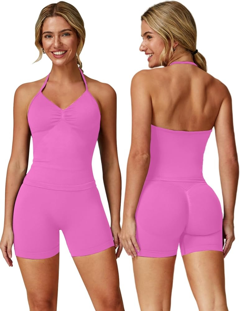 ABOCIW Workout Sets for Women 2 Piece Seamless Impact Longline Strappy Top Scrunch Butt High Wais... | Amazon (US)