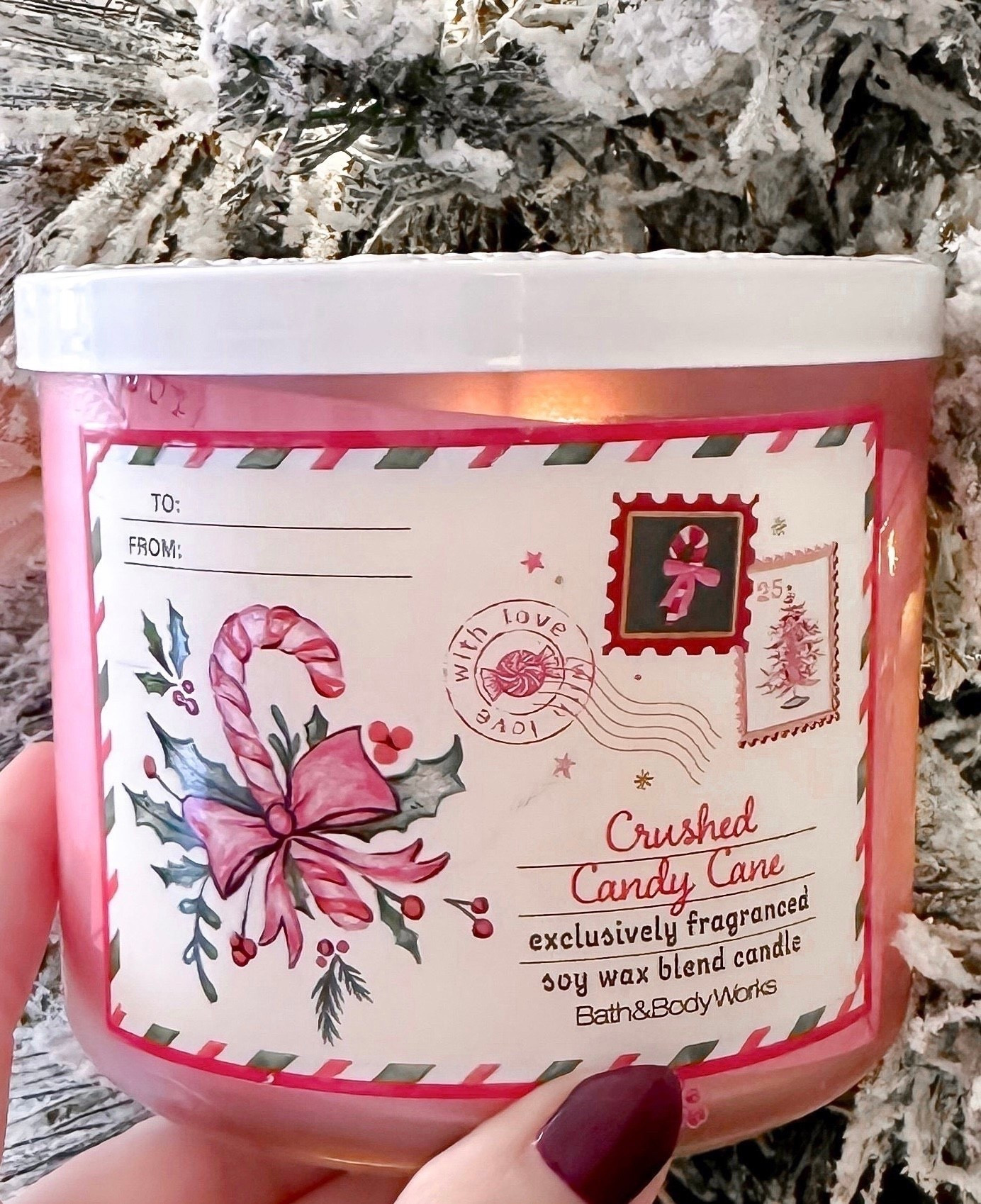On Sale - Crushed Candy Cane 3 wick candle - even unlit with just the lid off smells ah-mazing!!!! 

The sweet postcard label feels very nostalgic & I love it!! A great hostess, secret Santa or white elephant gift. 

Pink Christmas. Christmas Home. Christmas Decor  

#LTKHoliday #LTKHome #LTKSeasonal