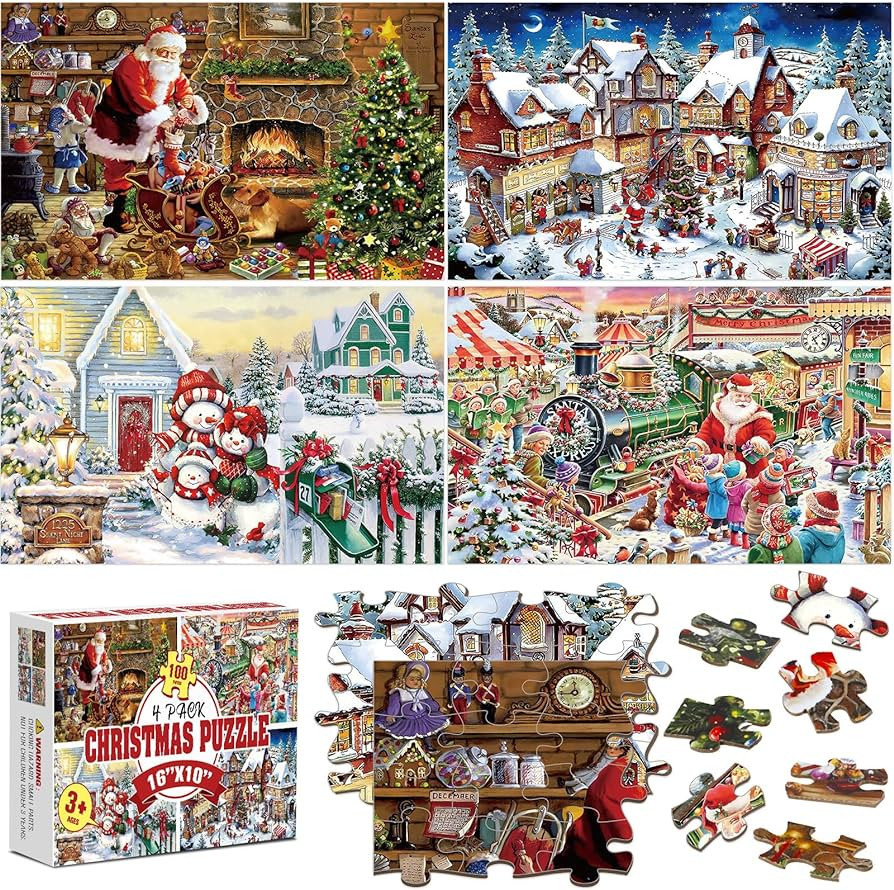 4 Pack 100 Pieces Christmas Jigsaw Puzzles for Kids Ages 4-8 Santa Playing Outside Santa Claus Sn... | Amazon (US)