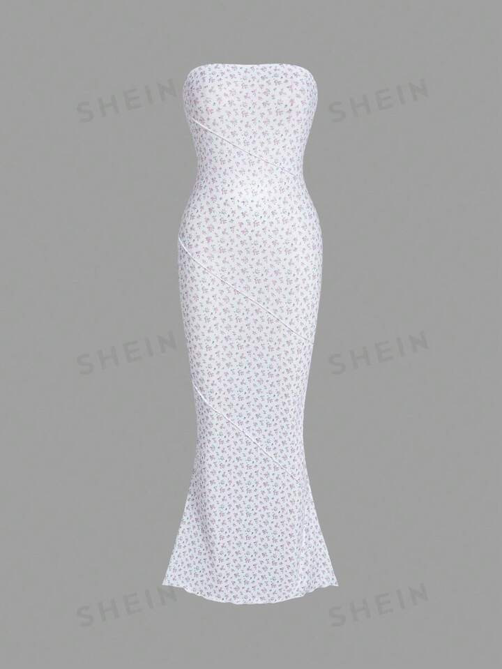 SHEIN EZwear Ditsy Floral Print Mermaid Hem Tube Dress | SHEIN