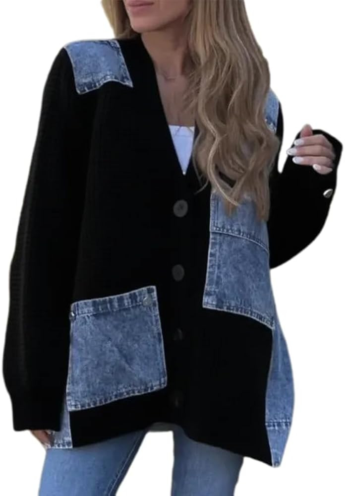 Women’s Trendy Fall Cardigan Sweaters Button Up Denim Jacket Long Sleeve Color Block Jean Cardi... | Amazon (US)