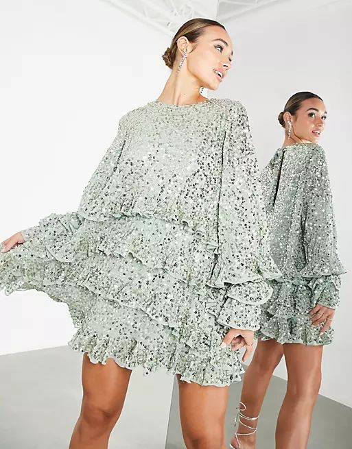 ASOS EDITION frill sequin smock mini dress in pale green | ASOS (Global)