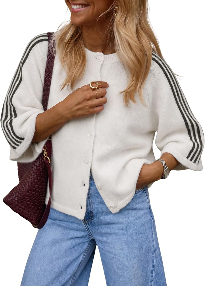 Daacee Women Oversized Striped Cardigan Short Sleeve Button Front Sweater | Amazon (US)