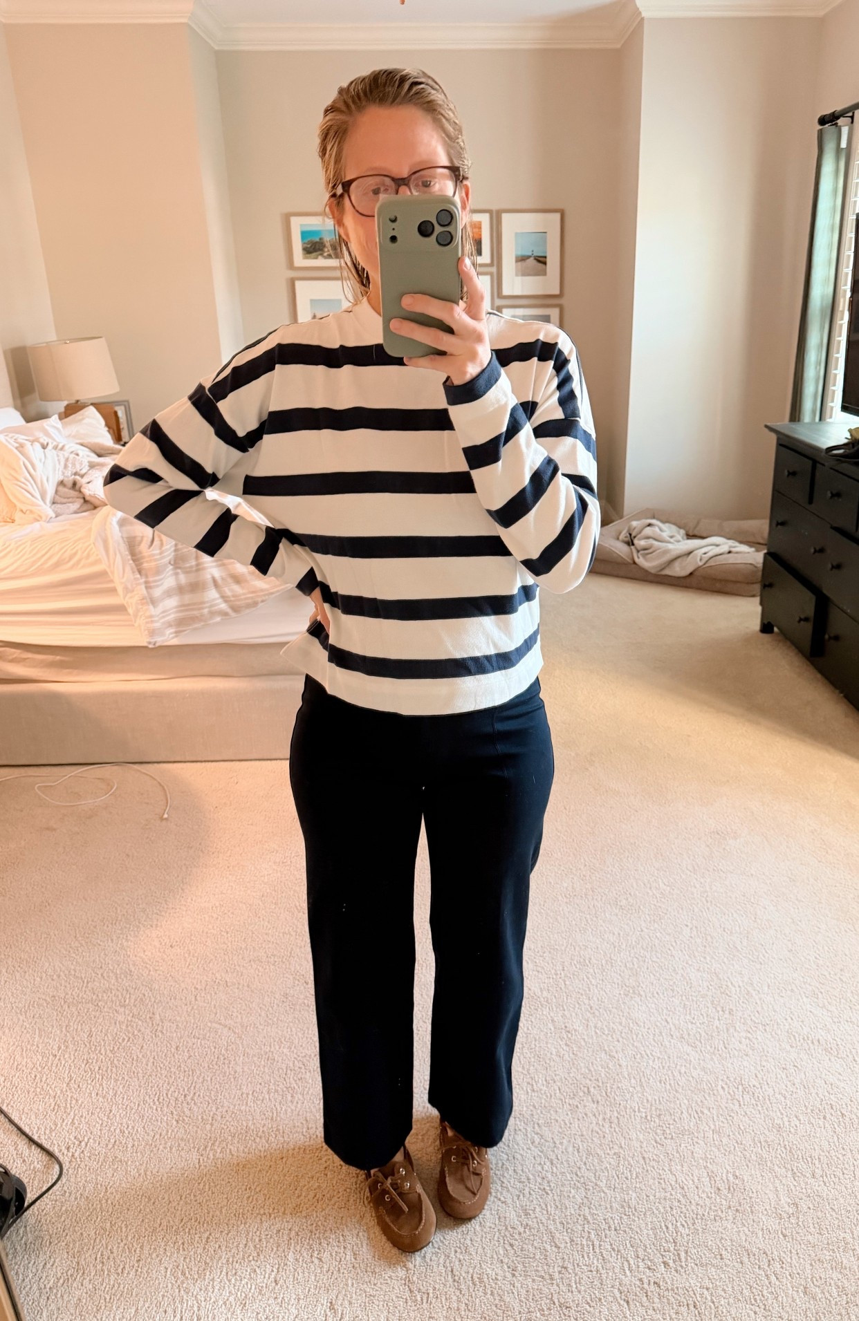 aye stripe long sleeve shirt - striped long sleeve shirt - ponte pants - winter mom outfit - brown suede boat shoes

#LTKdayinmylife