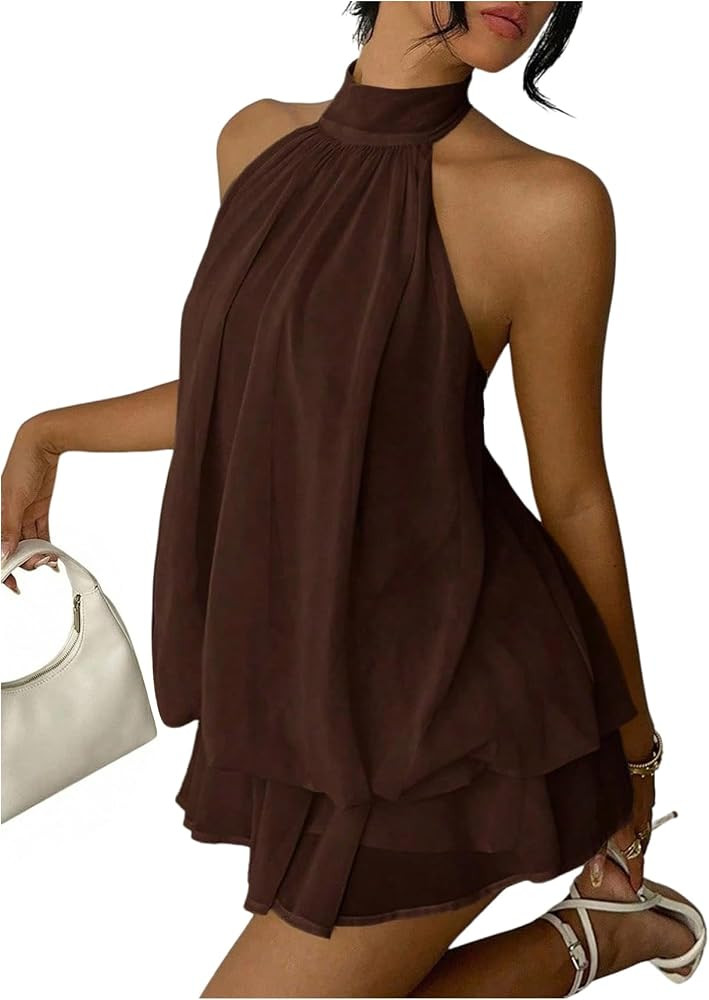 Verdusa Women's Chiffon Halter Drop Waist Flowy Wedding Guest Mini Dresses | Amazon (US)