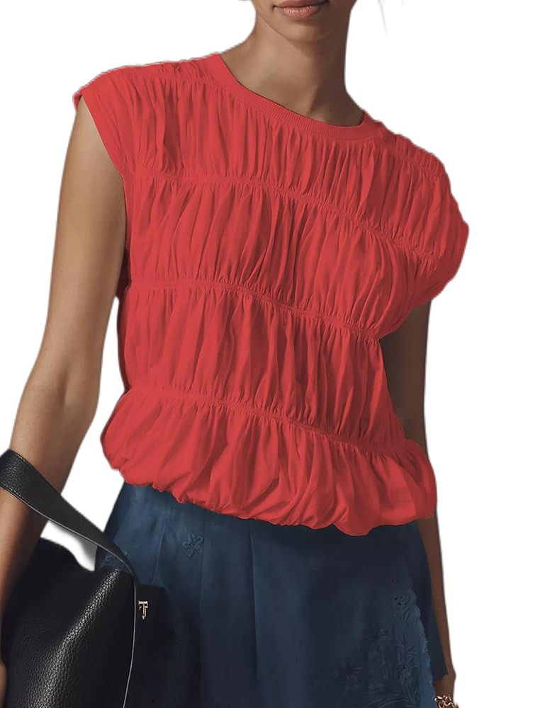 Womens Tiered Shirred Smocked Crop Tank Top Cap Sleeve Crew Neck Elastic Hem Y2K Going Out Blouse... | Amazon (US)