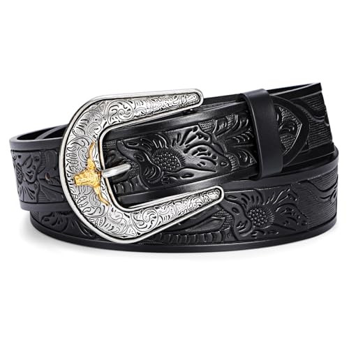 WHIPPY Western Belts for Women - Vintage Western Design Ladies Cowgirl Waist Belt for Pants Jeans Dresses (Black, Fit Waist 39-42 Inches) | Amazon (US)