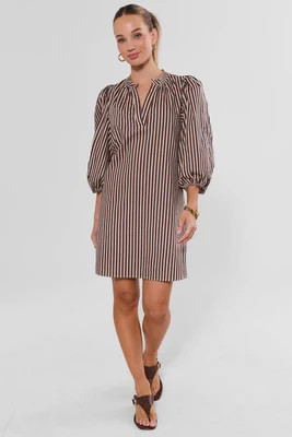 Brown Striped Split Neck Short Dress | Avara