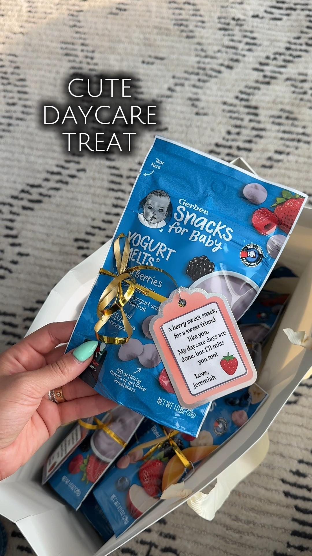 Made the cutest little treats for Jeremiah’s classmates on his last day of daycare!

I wanted something sweet, fun & baby-friendly, so we went with healthy snacks! I added these colorful tags with a little message. So obsessed with how they turned out !!!!
#LTKBaby #LTKKids #LTKMom #LTKBackToSchool #LTKFinds #LTKFamily #LTKUnder10 #DaycareIdeas #ToddlerApproved #MomFinds #AmazonBabyFinds #CreativeMom #DaycareGifts #HealthyBabySnacks #LTKDIY

#LTKFindsUnder50 #LTKBaby #LTKU