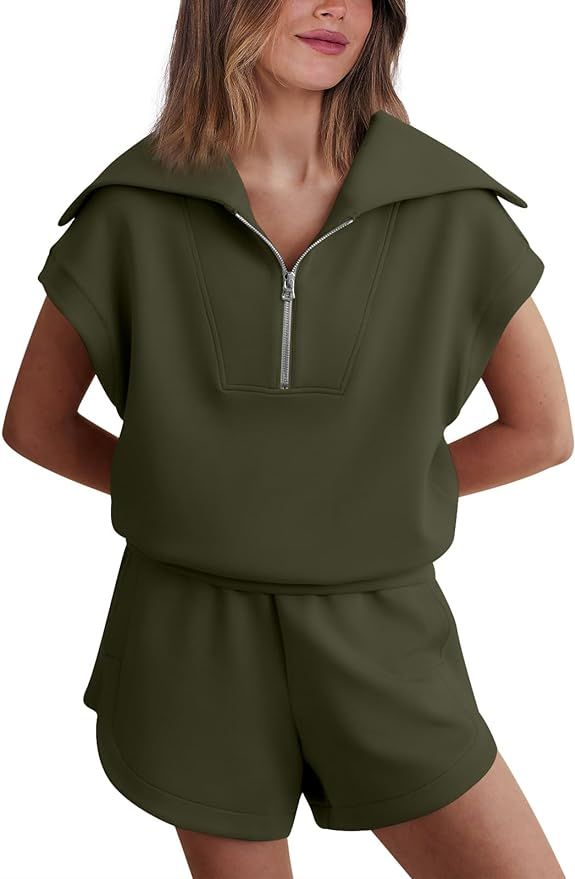 ANRABESS Women 2 Piece Outfits Sweatsuit Half Zip Lapel Collar Short Sleeve Tops Sweat Sho... | Amazon (US)