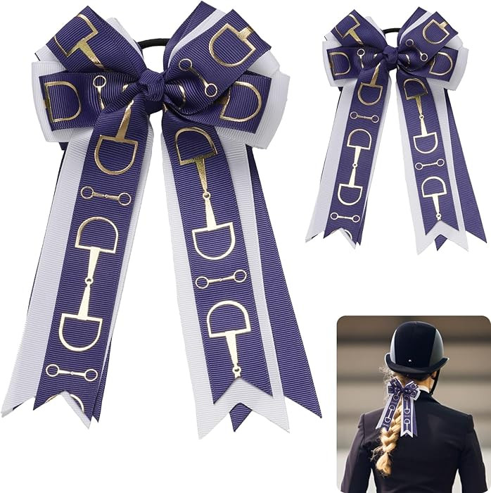 YKW 2 Pack Equestrian Hair Bows for Girls - Navy Blue & White Horse Bit Ribbon Clips - Grosgrain Accessories for Horse Riding Events, School, Parties - 4.3×7.5 Inch Preppy Fashion Hair Accessories | Amazon (US)