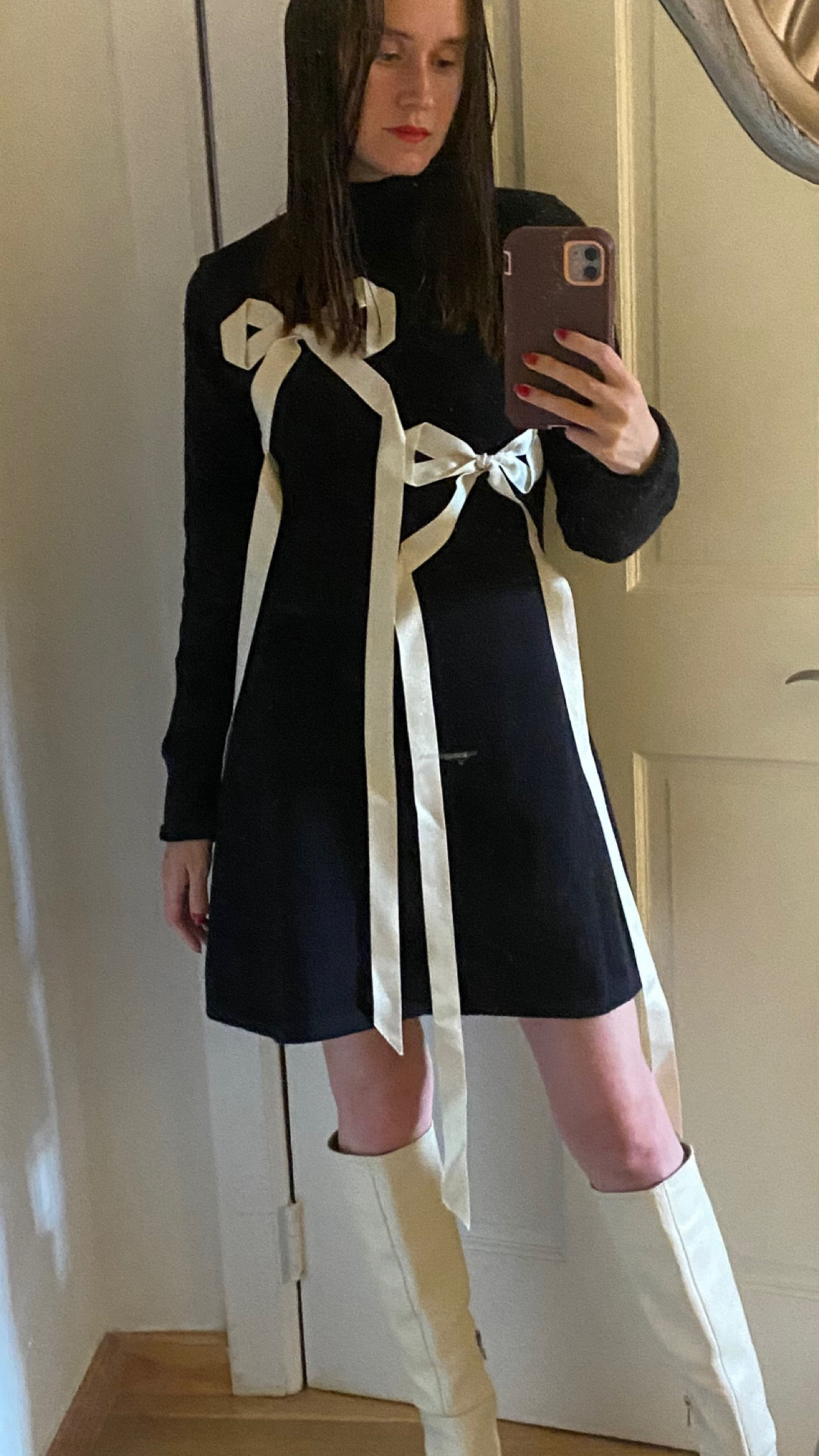 Bow sweater dress black and white fall outfit 