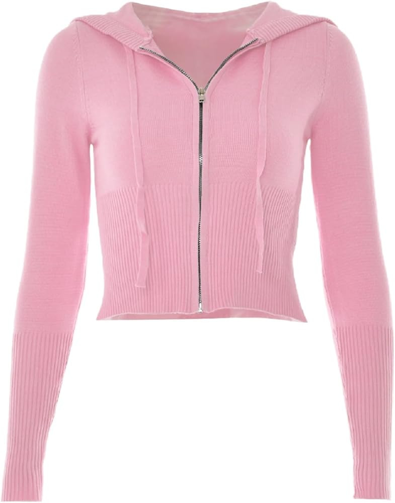 Women Knitted Zip Up Crop Hoodies Ribbed Knit Long Sleeve Hoodie Jacket Y2k Drawstring Knit Sweat... | Amazon (US)