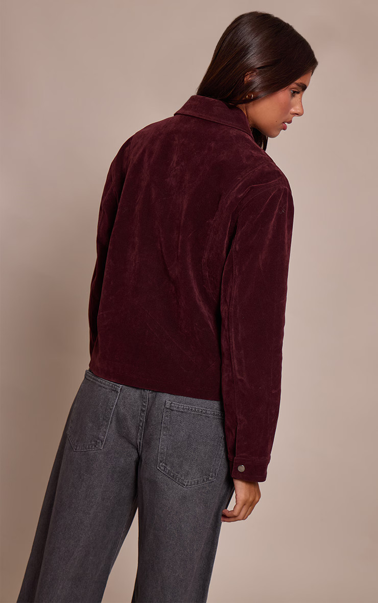 Burgundy Faux Suede Concealed Placket Bomber Jacket | PrettyLittleThing UK