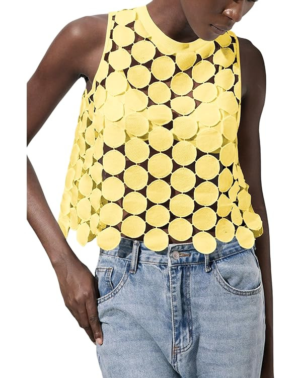 SHENHE Women's Asymmetrical Vest Top See Through Circular Embroidered Crew Neck Sleeveless Vest C... | Amazon (US)