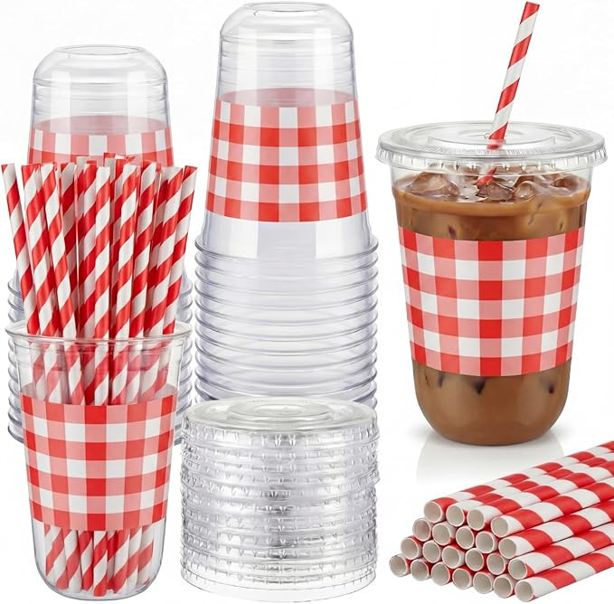 50 Set 16 oz Red U-gingham Gingham Cups Plastic Party Checkered Cups Red Plaid Drinking Cup Dispo... | Amazon (US)
