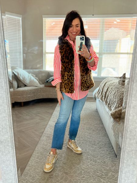 Spring vibes in winter. Easy outfit to recreate. Target shirt. Jcrew cropped flares. Leopard vest. 💖

Casual outfit
Casual workwear
Teacher outfit 


#LTKover40 #LTKstyletip