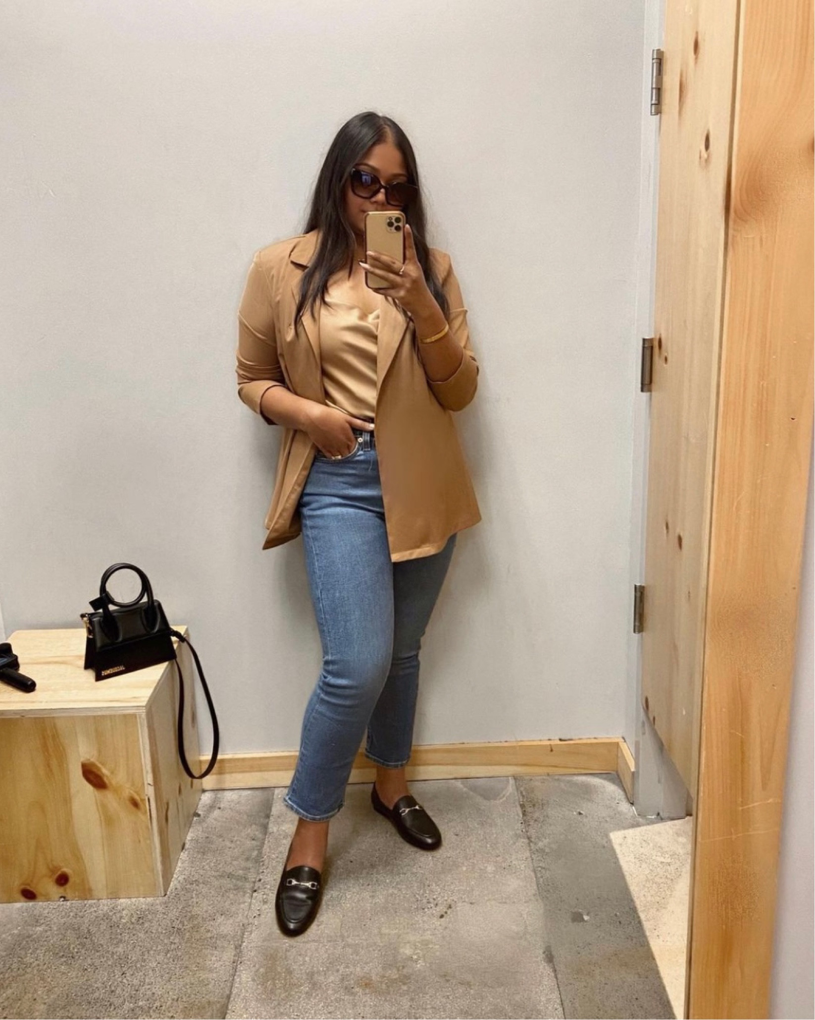 Summer Outfit, summer style, summer work outfit, Levi straight jeans, jeans, camel blazer, silk camisole, banana republic top, black loafers, coach loafers, Prada sunglasses, black bag, black Jacquemus bag, outfit inspiration, smart casual outfit ideas 

#LTKstyletip #LTKcanada #LTKworkwear
