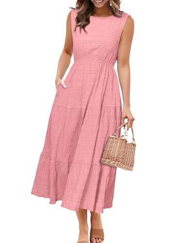Simplee Women's Summer Casual Sleeveless Crewneck Sundress - A Line Flowy Tiered Midi Dress Long Beach Dresses with Pockets Pink,L | Amazon (US)