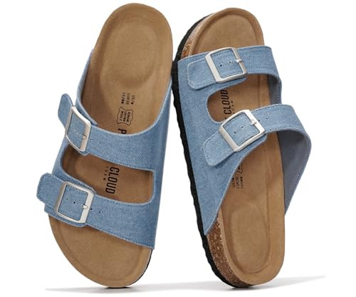 Project Cloud 100% Genuine Leather Flat Sandals For Women 2026 Cork Footbed Womens Sandals with Memory Foam and arch support Vacation Essentials Slides for Women Footwear (Venita, DEIM, 6) | Amazon (US)
