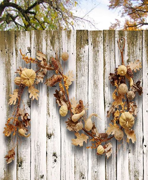 6' Artificial Autumn Garland, White, Made with Pumpkins, Gourds, Maple Leaves, Pinecones, Berry Clusters, Autumn Collection | Macy's