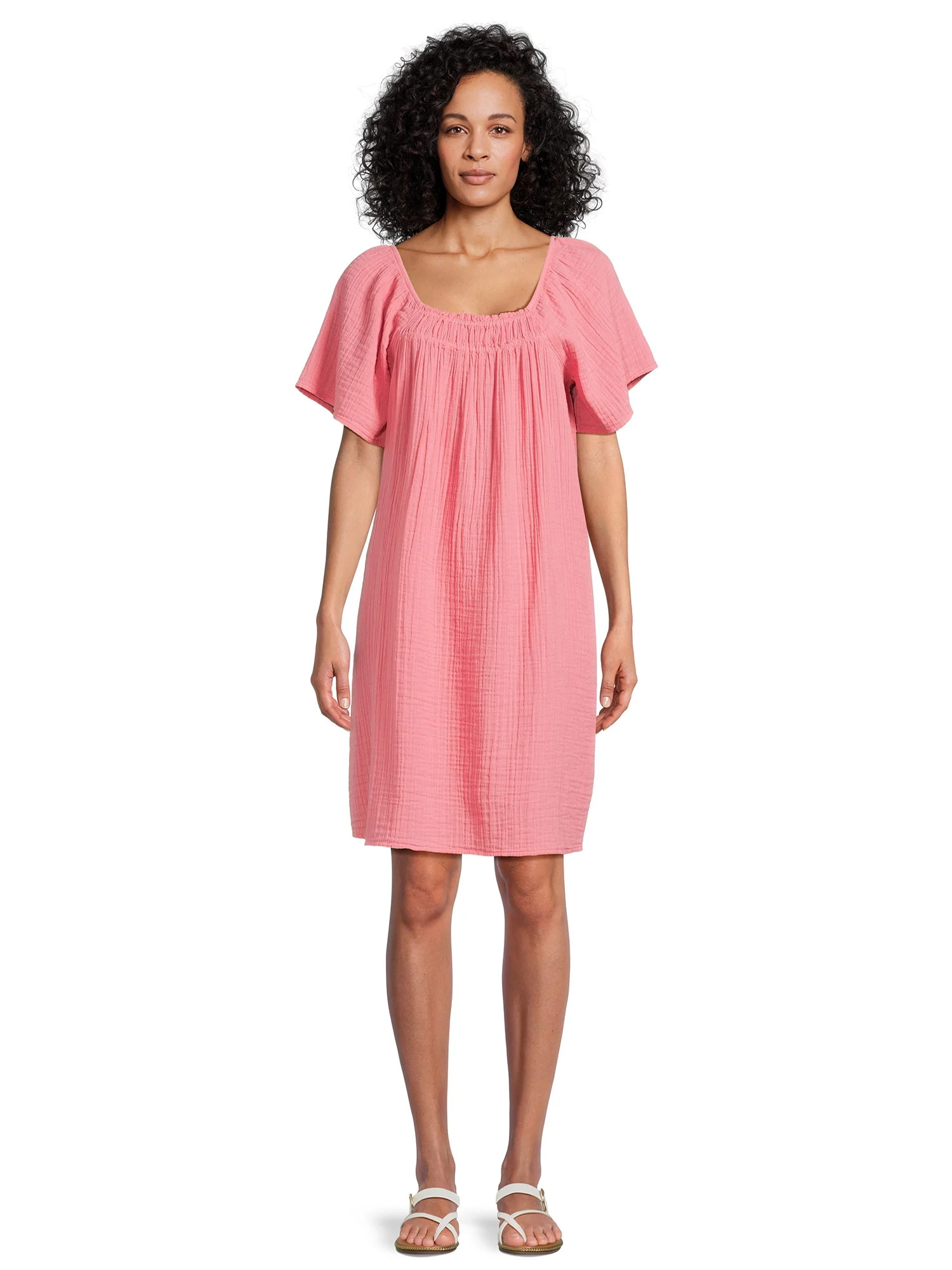 Time and True Short Sleeve Mini Double Cloth Dress | Walmart (US)