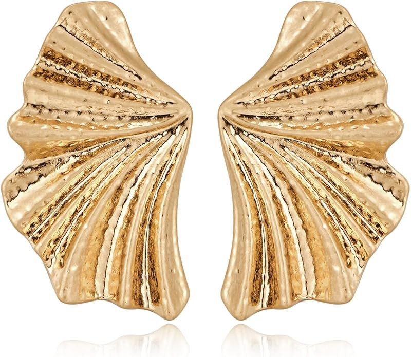 WOWORAMA Gold Statement Earrings for Women Gold Seashell Flower Earrings Boho Textured Ocean Wave... | Amazon (US)