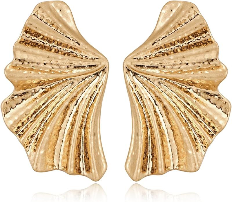 WOWORAMA Gold Statement Earrings for Women Gold Seashell Flower Earrings Boho Textured Ocean Wave... | Amazon (US)