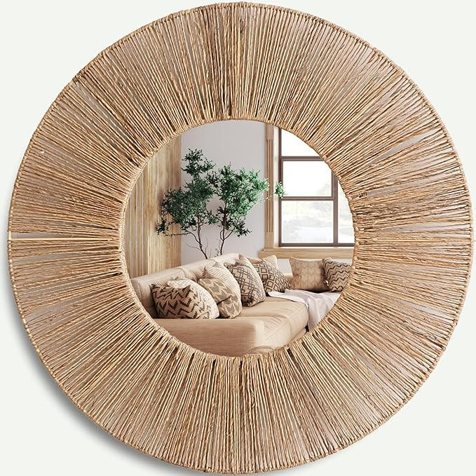 Large Coastal Boho Round Mirror, 24 inches Rustic Natural Jute Frame, Farmhouse Wall Decor Accent... | Amazon (US)
