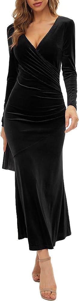 Women's V Neck Wrap Long Sleeve Elegant Mermaid Velvet Cocktail Maxi Dress Evening Party | Amazon (US)