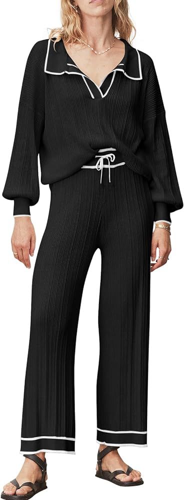 Tankaneo Womens 2 Piece Outfits Long Sleeve Polo Shirts and Wide Leg Pants Knit Pajama Set Lounge... | Amazon (US)