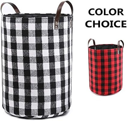 17.7" Large Collapsible Storage Basket with Leather Handles, Black Buffalo Plaid Woolen Fabric Fo... | Amazon (US)