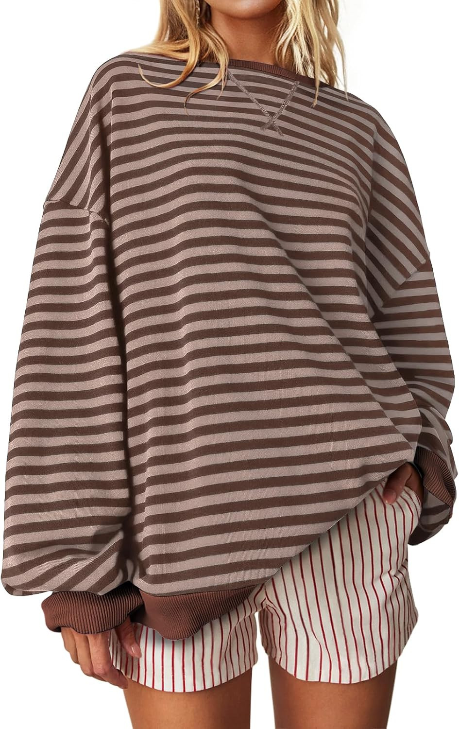 UEU Women Oversized Striped Crewneck Sweatshirt Long Sleeve Casual Pullover | Amazon (US)
