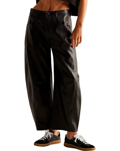 Women Faux Leather Pants Low Rise Baggy Barrel Jeans Wide Leg Trousers with Pockets Black | Amazon (US)