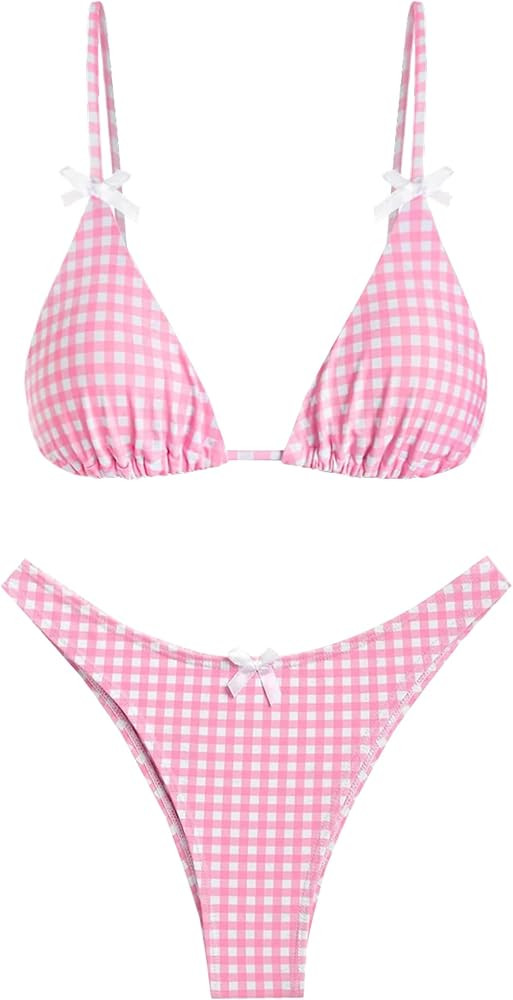 seamoly Women's Bikini Sets Tie Back Bowknot Two Piece Swimsuits Triangle Thong Bathing Suit Ging... | Amazon (US)