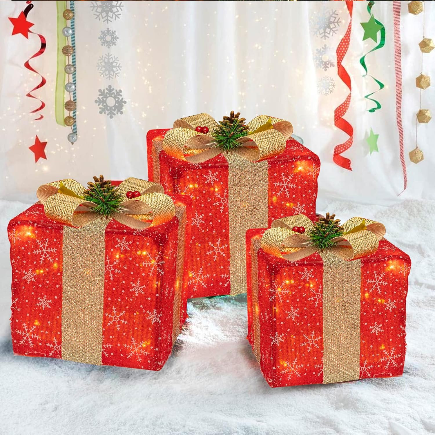 FUNPENY Set of 3 Christmas Lighted Gift Boxes, 60 LED Christmas Box Decorations, Presents Boxes w... | Amazon (US)