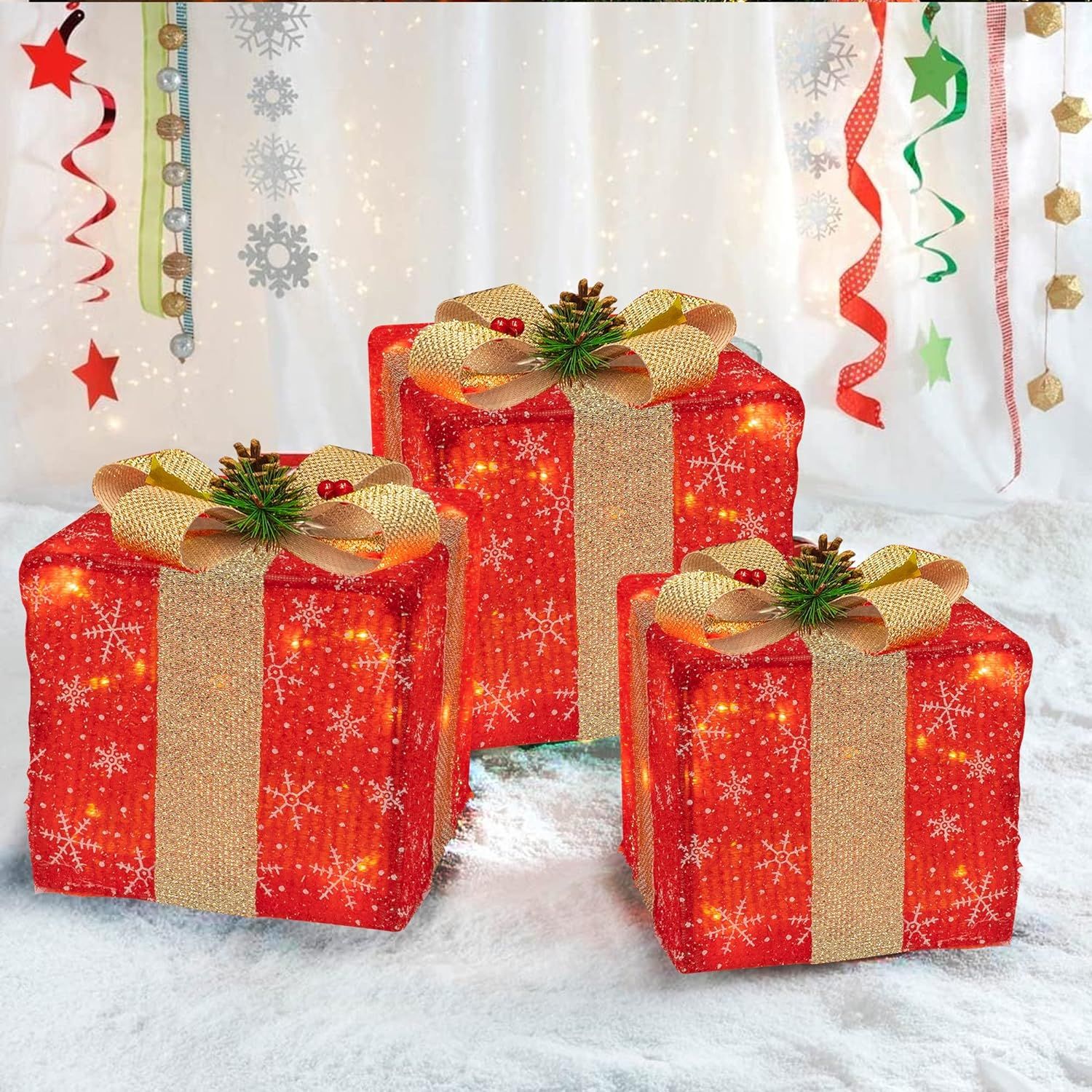 FUNPENY Set of 3 Christmas Lighted Gift Boxes, 60 LED Christmas Box Decorations, Presents Boxes w... | Amazon (US)